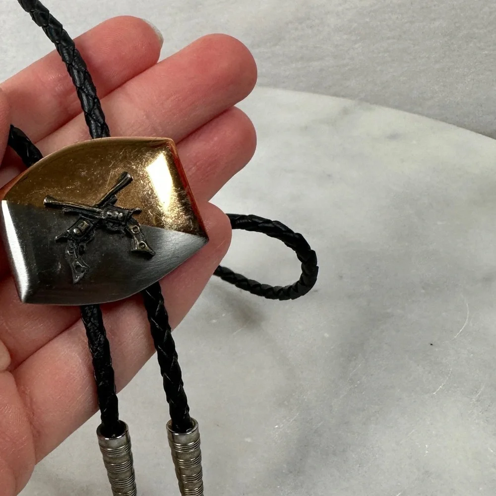 Bolo tie pistol western cowboy Black‎ Silver leather gun revolver braided gold